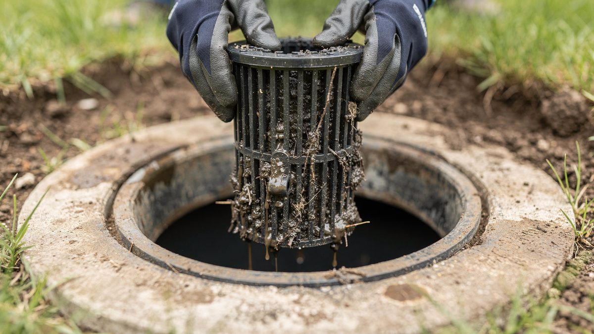Gloved hands lifting a dripping effluent filter cartridge clear of the outlet tee on a septic tank, dark residue clinging to the ribbed plastic vanes
