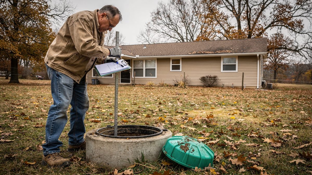 Septic inspector writing findings on a clipboard beside an open tank access riser behind a 1990s suburban home in the Springfield, Missouri metro